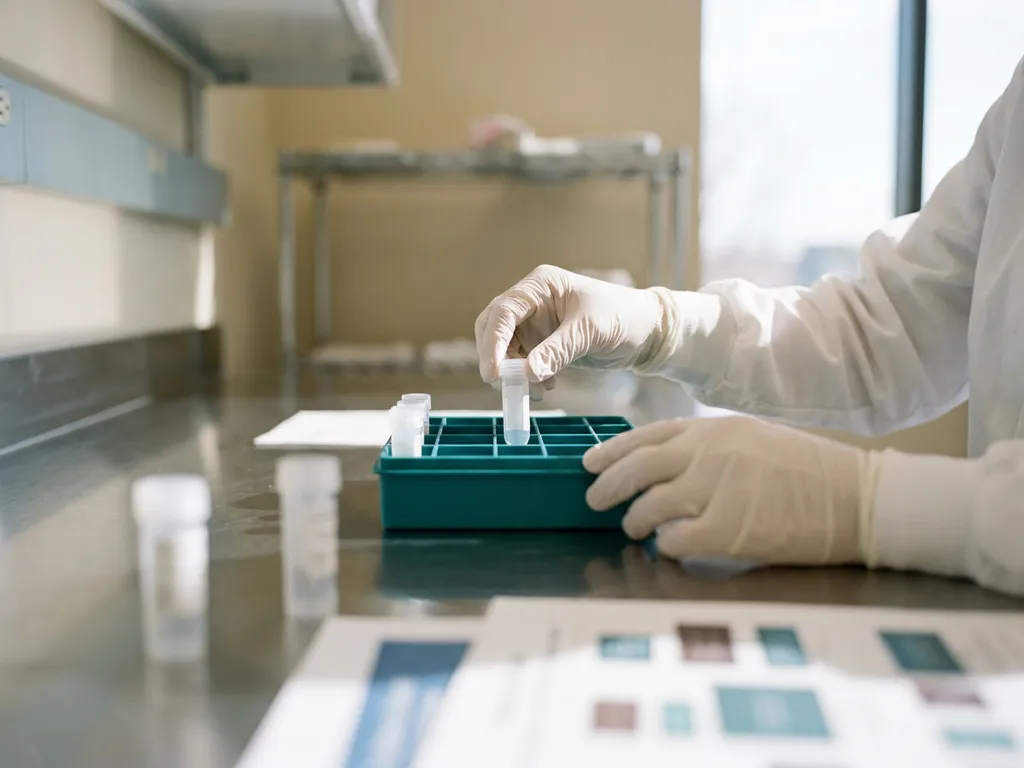 Clinician-scientist hands sorting lab sample vials into a teal tray on a stainless bench beside an open patient chart