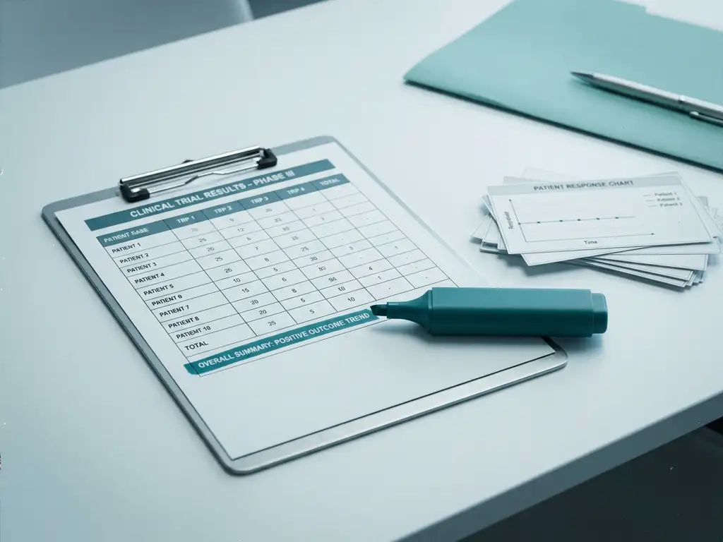 Clinical trial results table on clipboard with teal-highlighted summary row, patient response charts beside it on clinic desk