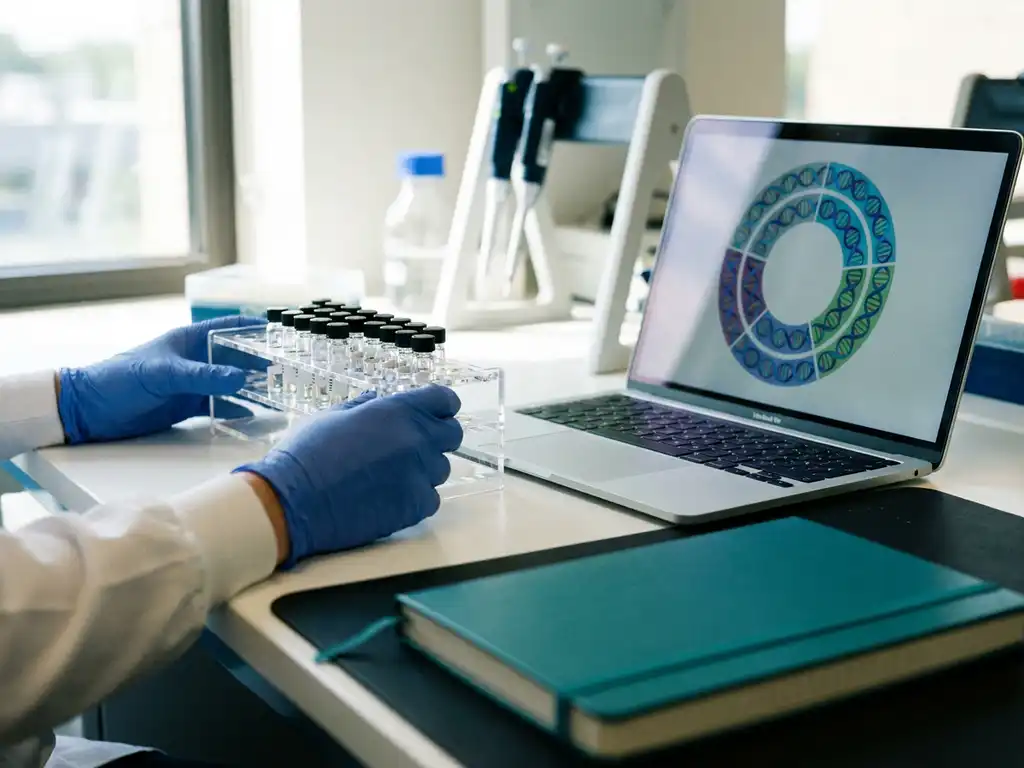 Gloved scientist holding sample vials by laptop with DNA segmentation chart on modern lab bench, teal accent in foreground