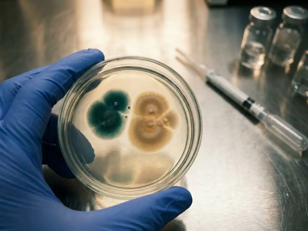 Gloved scientist holding petri dish of gut microbiome culture with two colony clusters on lab bench, pipette and vials blurred