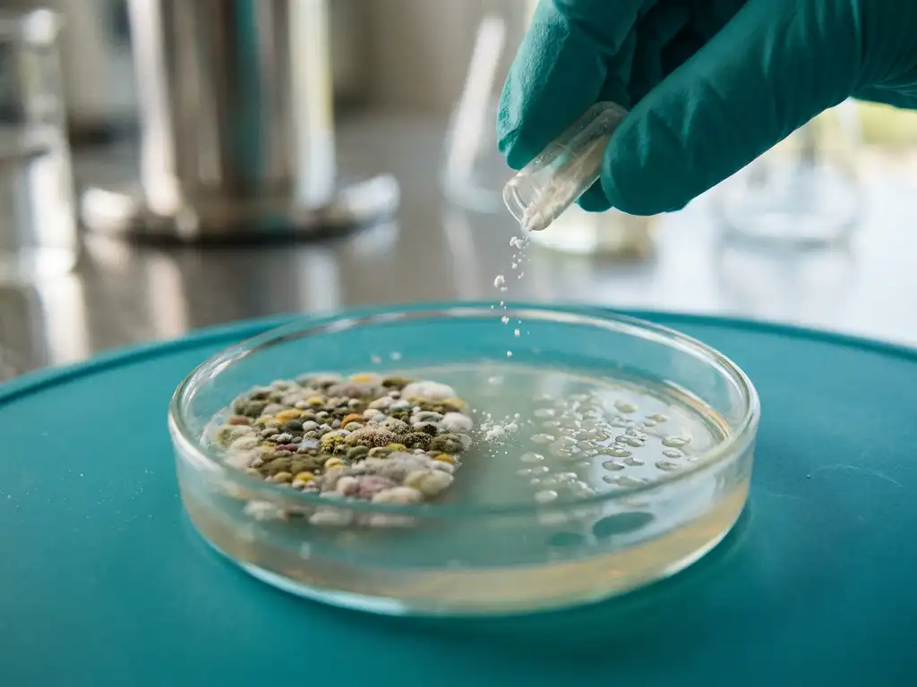 Probiotic capsule sprinkling powder into petri dish with dense and sparse gut microbiome cultures on a lab bench