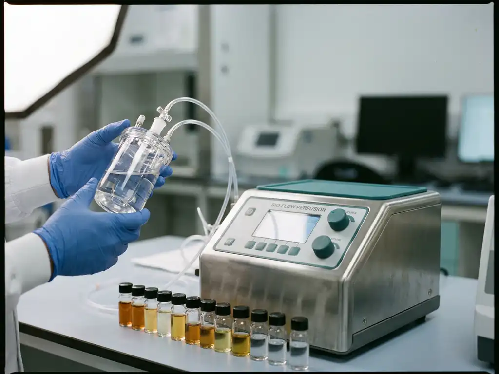 Gloved researcher holds ex vivo gut tissue chamber linked to perfusion setup, with sample vials behind in biotech lab.