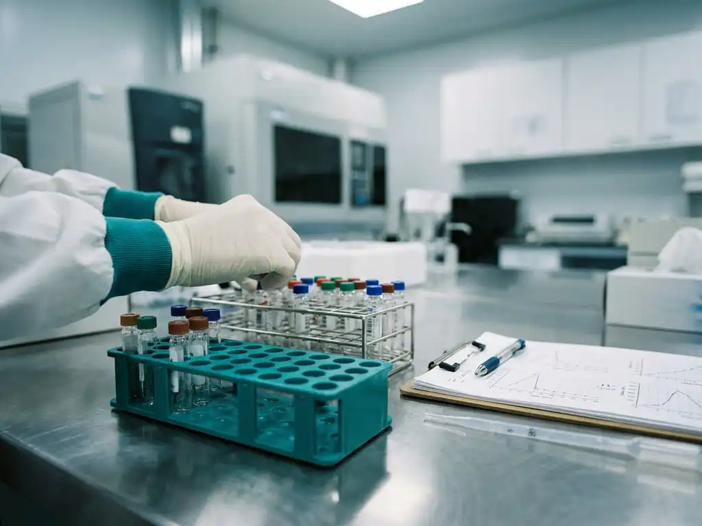 Gloved scientist arranges capped sample vials on a lab bench beside pipette and clipboard, teal vial rack in foreground