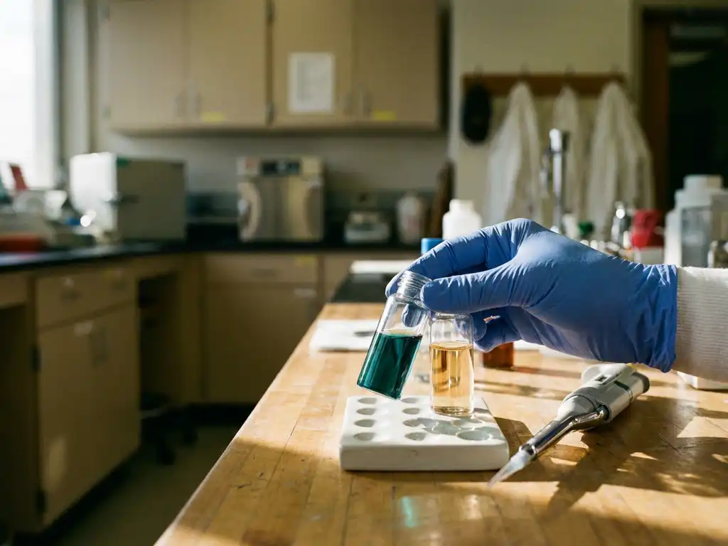 Gloved hand holds teal and amber glass vials over a ceramic spot plate on a lab bench, microbiology lab blurred behind