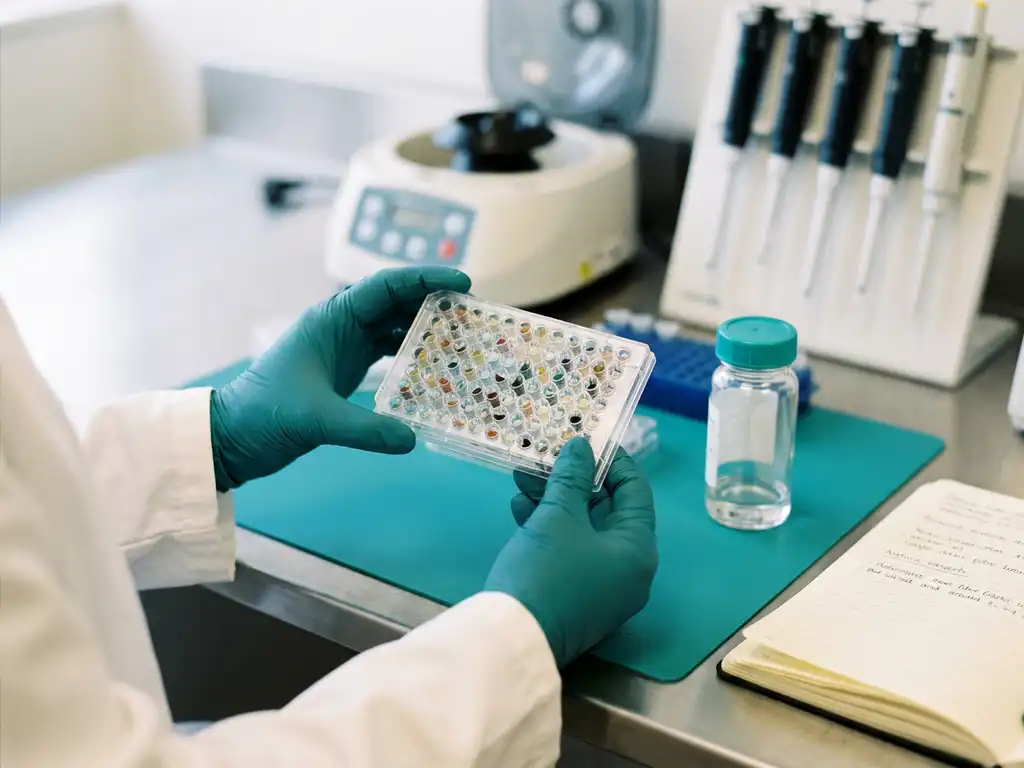 Gloved hands hold a clear microplate of natural fiber samples in liquid on a lab bench with vial and notebook, shallow focus