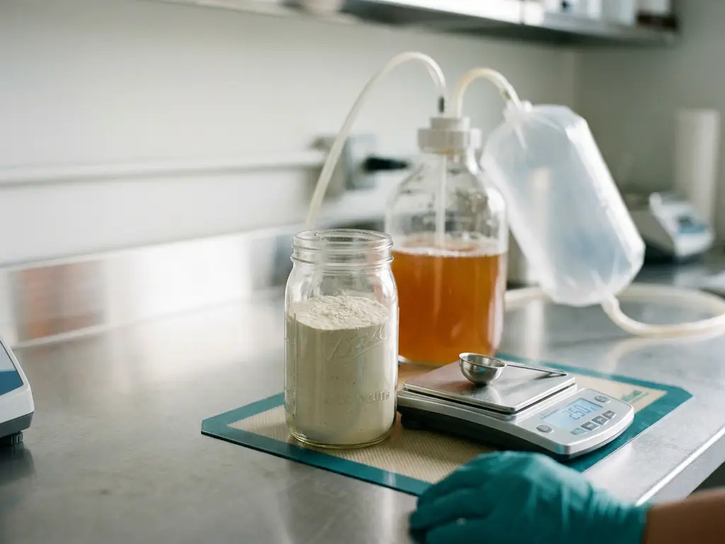 Glass jar of prebiotic powder on stainless lab bench, scoop on digital scale, fermenter bubbling with gas bag in background