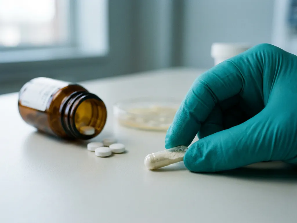 Teal-gloved hand pinching a clear probiotic capsule on a lab bench, with spilled antibiotics and amber pill bottle blurred behind