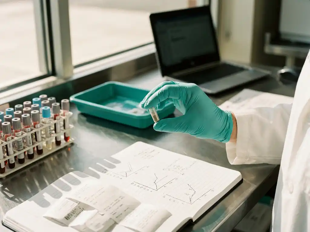 Gloved clinician holds clear probiotic capsule over blood sample vials and lab notebook on sterile research bench, laptop blurred.
