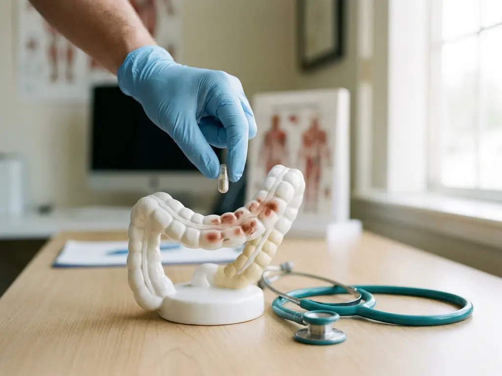 Clinician hand holding probiotic capsule over colon model with inflamed patches, teal stethoscope on clinic desk, IBS/IBD concept