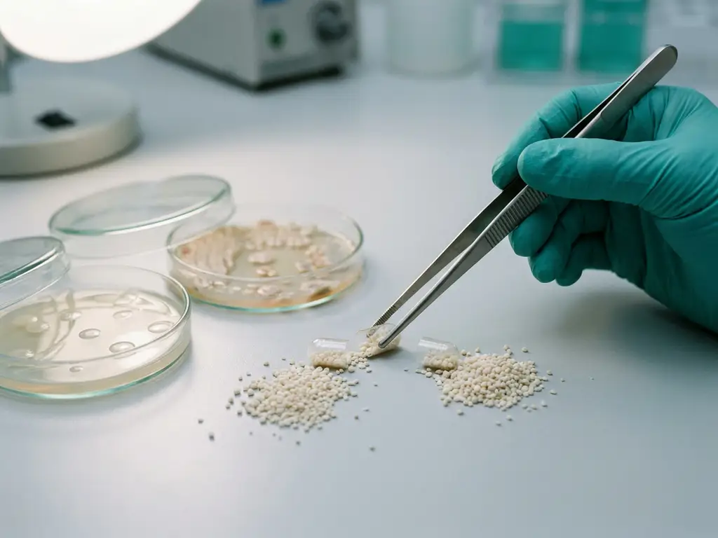 Cracked probiotic capsule spilling granules on lab table, tweezers above, petri dishes with different gut microbiome cultures nearby