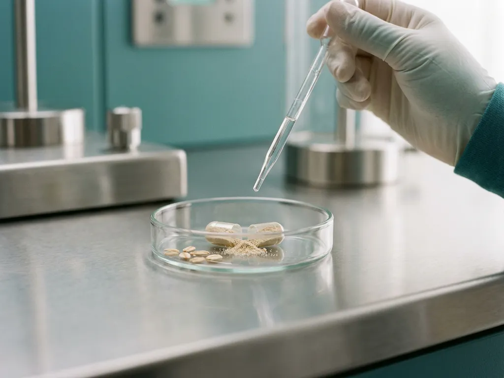 Cracked probiotic capsule spilling powder into a petri dish with prebiotic granules, pipette poised in teal glove on lab bench