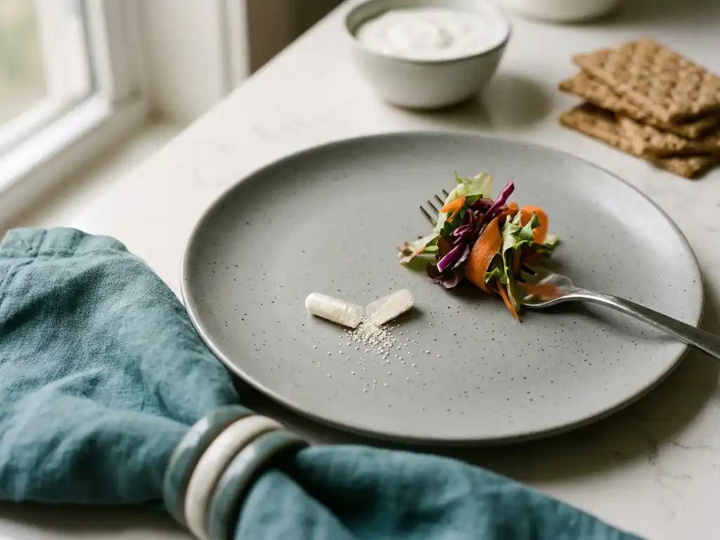Open probiotic capsule on ceramic plate beside mixed salad and fermented vegetables, with yogurt and whole-grain crackers blurred behind