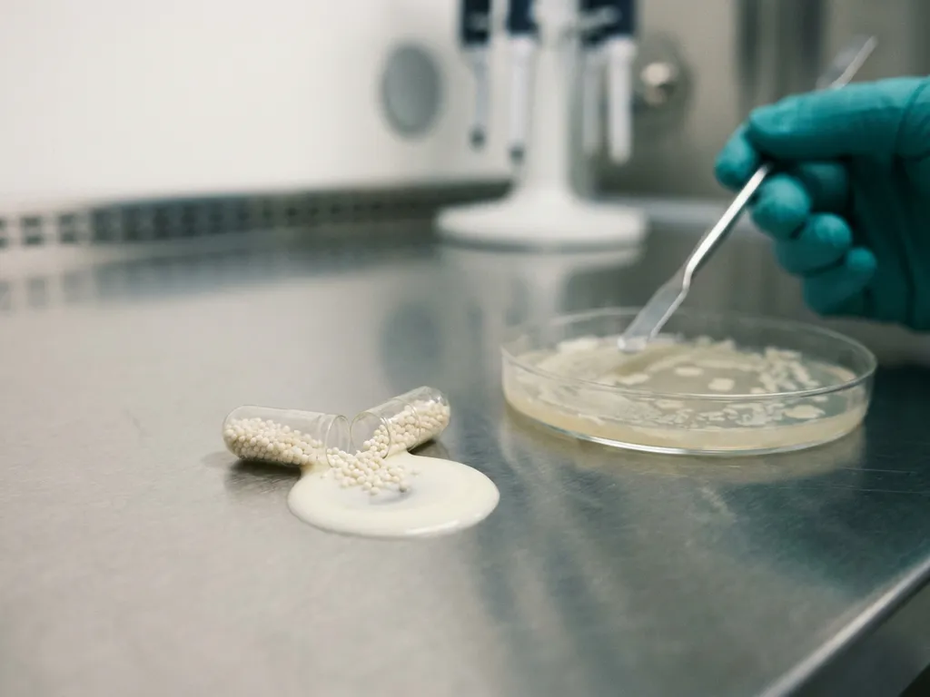 Open probiotic capsule spilling granules into yogurt beside a petri dish, gloved hand with spatula in clinical lab macro