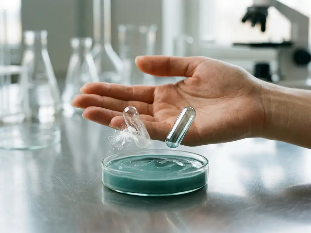 Hand holding probiotic capsules above teal yogurt in petri dish, one dissolving into white granules on lab bench