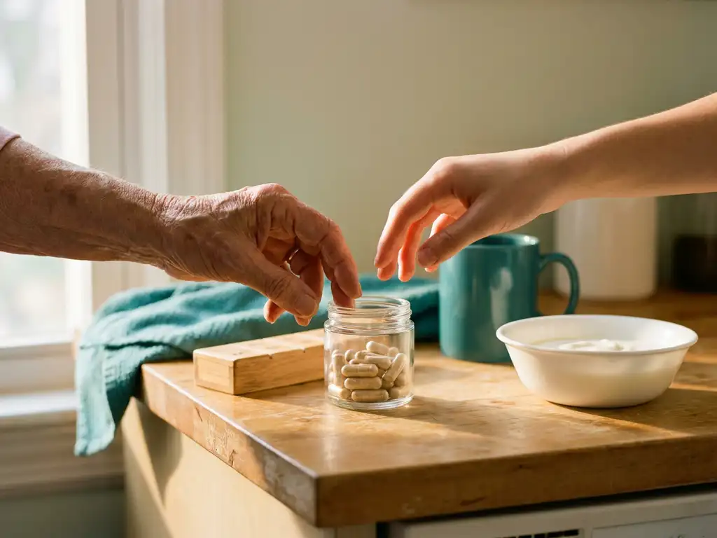 Hands reaching for probiotic capsules jar on kitchen counter with pill organizer, yogurt bowl, and teal mug in morning light