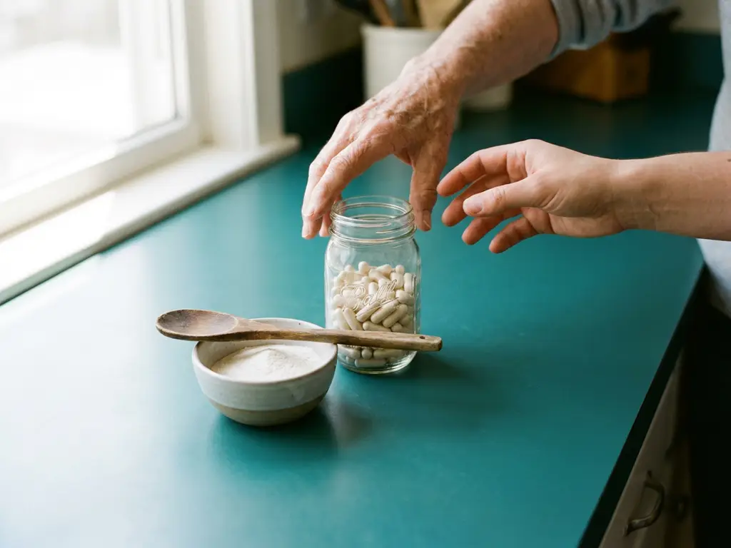 Probiotic capsules jar and prebiotic fiber bowl on teal countertop, spoon bridging them, older and younger hands reaching in background