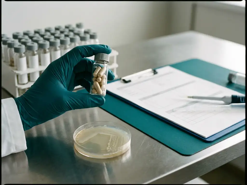 Gloved clinician holds probiotic capsule vial over petri dish bacterial culture in sterile lab, sample tubes and clipboard behind