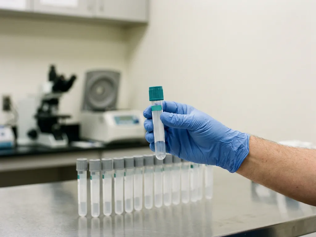 Lab technician holding stool sample tube next to row of test tubes, one teal-capped, in sterile clinical research lab