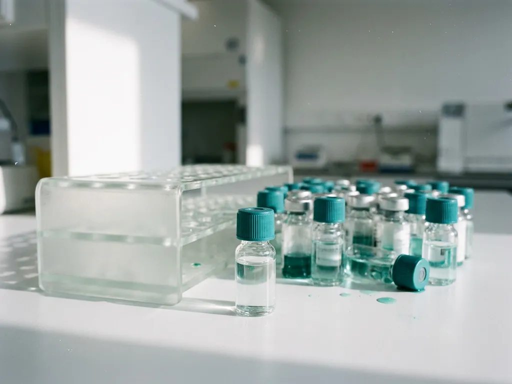 Teal-capped lab vial with clear liquid in front of crowded test tube rack, teal droplets on white bench, clinical lab background